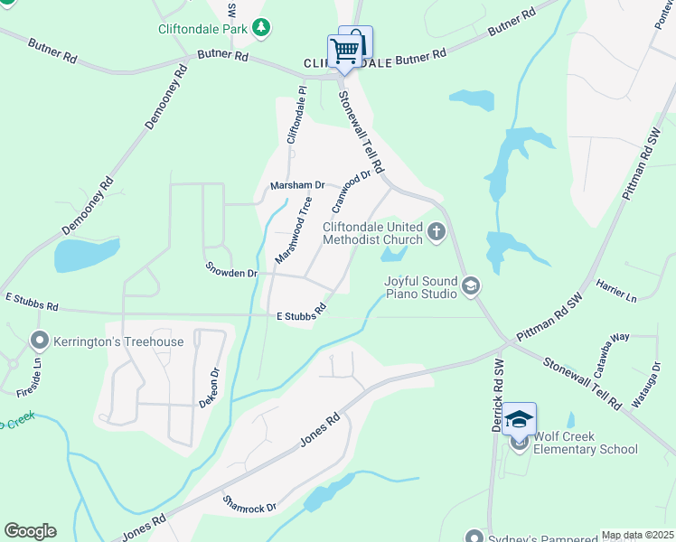 map of restaurants, bars, coffee shops, grocery stores, and more near 6390 East Stubbs Road in Atlanta