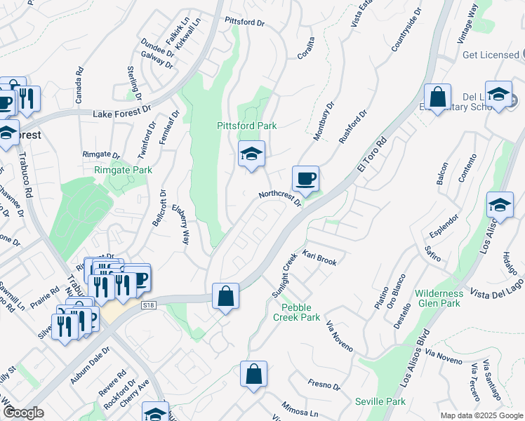 map of restaurants, bars, coffee shops, grocery stores, and more near 22018 Newbridge Drive in Lake Forest
