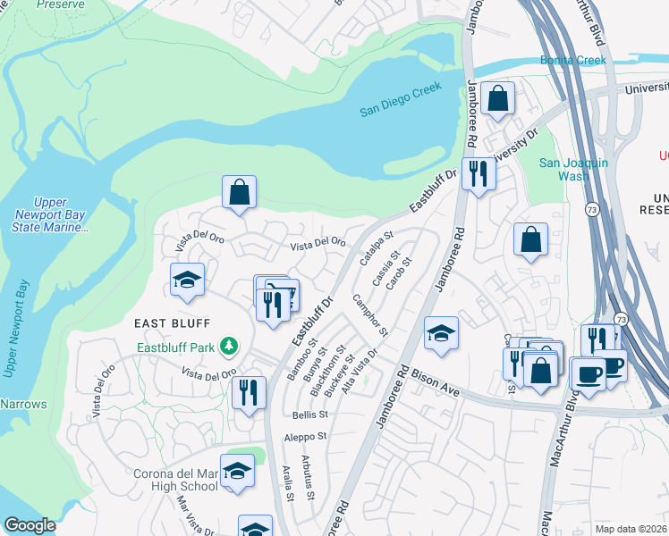 map of restaurants, bars, coffee shops, grocery stores, and more near 521 Cancha in Newport Beach