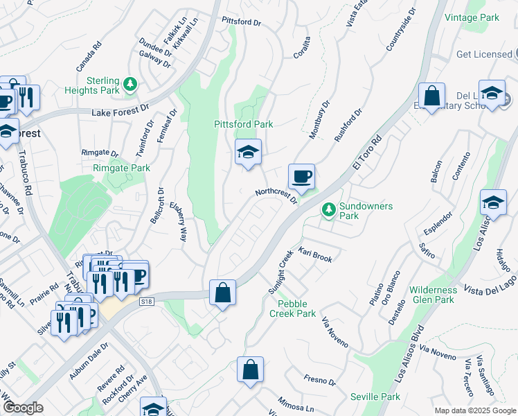 map of restaurants, bars, coffee shops, grocery stores, and more near 22018 Newbridge Drive in Lake Forest