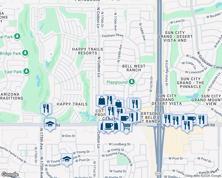map of restaurants, bars, coffee shops, grocery stores, and more near 17028 West Windermere Way in Surprise