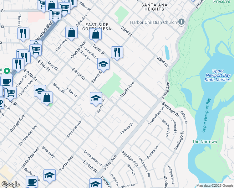 map of restaurants, bars, coffee shops, grocery stores, and more near 2131 Tustin Avenue in Costa Mesa