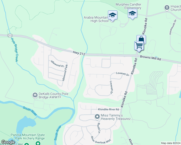 map of restaurants, bars, coffee shops, grocery stores, and more near 6269 Cathedral Lane in Lithonia