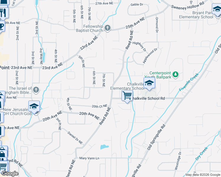map of restaurants, bars, coffee shops, grocery stores, and more near 2220 Reed Road Northeast in Center Point