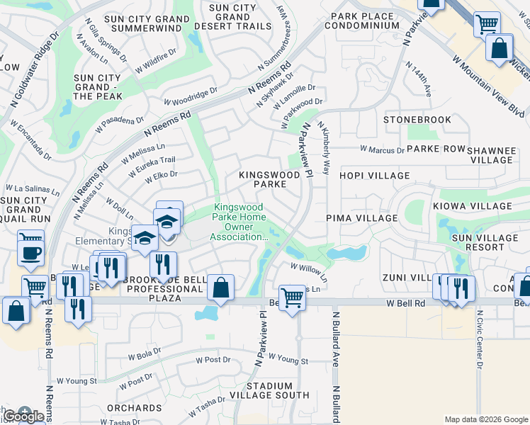 map of restaurants, bars, coffee shops, grocery stores, and more near 14911 West Lupine Lane in Surprise