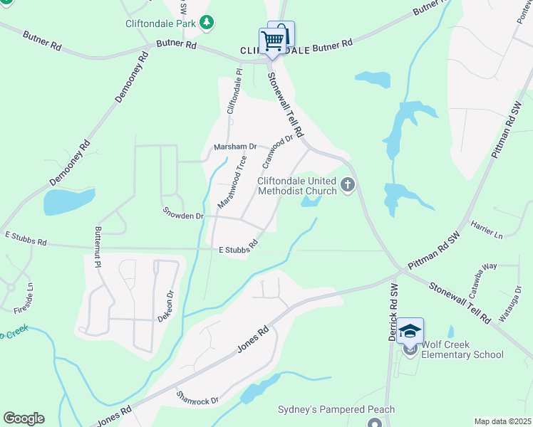 map of restaurants, bars, coffee shops, grocery stores, and more near 6390 East Stubbs Road in Atlanta
