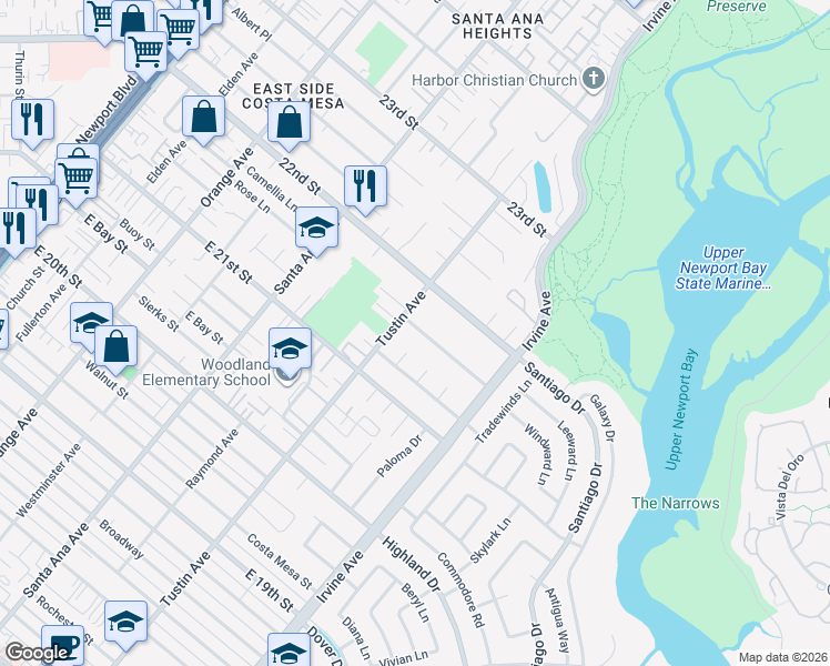 map of restaurants, bars, coffee shops, grocery stores, and more near 2436 Windward Lane in Newport Beach