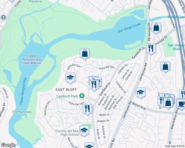 map of restaurants, bars, coffee shops, grocery stores, and more near 417 Vista Suerte in Newport Beach
