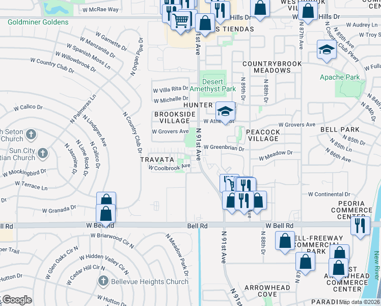 map of restaurants, bars, coffee shops, grocery stores, and more near 9148 West Meadow Drive in Peoria