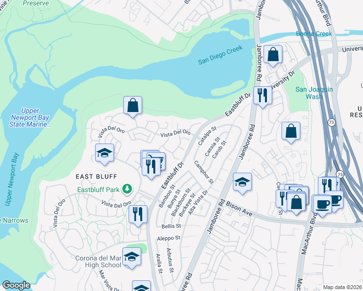 map of restaurants, bars, coffee shops, grocery stores, and more near 519 Ventaja in Newport Beach