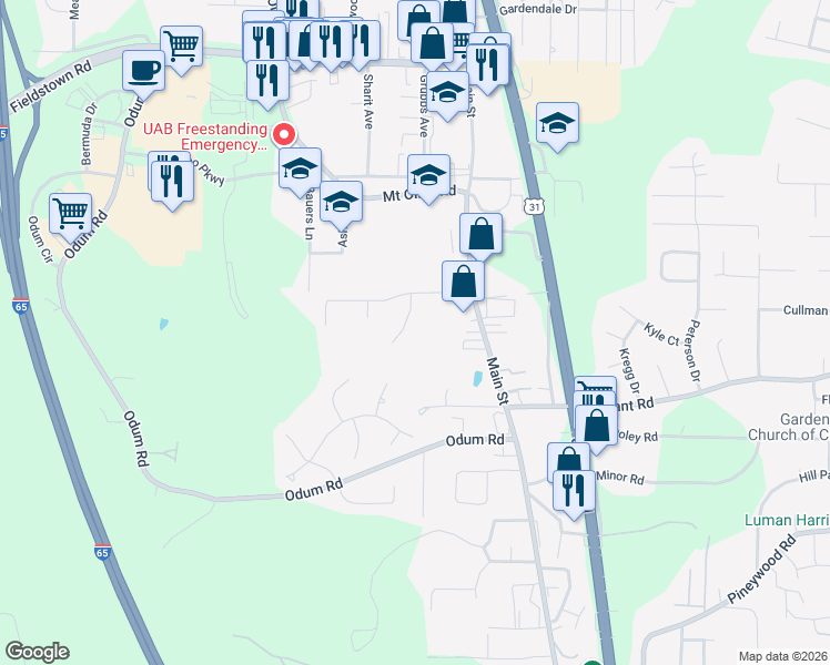 map of restaurants, bars, coffee shops, grocery stores, and more near 4253 Lockshire Lane in Gardendale
