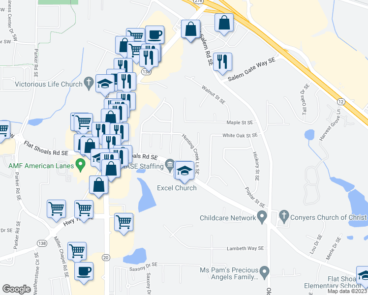 map of restaurants, bars, coffee shops, grocery stores, and more near 1767 Big Horn Court Southeast in Conyers