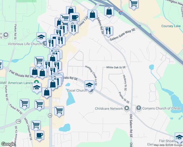 map of restaurants, bars, coffee shops, grocery stores, and more near 1755 Big Horn Court Southeast in Conyers