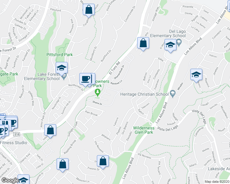 map of restaurants, bars, coffee shops, grocery stores, and more near 26732 Laredo Lane in Lake Forest