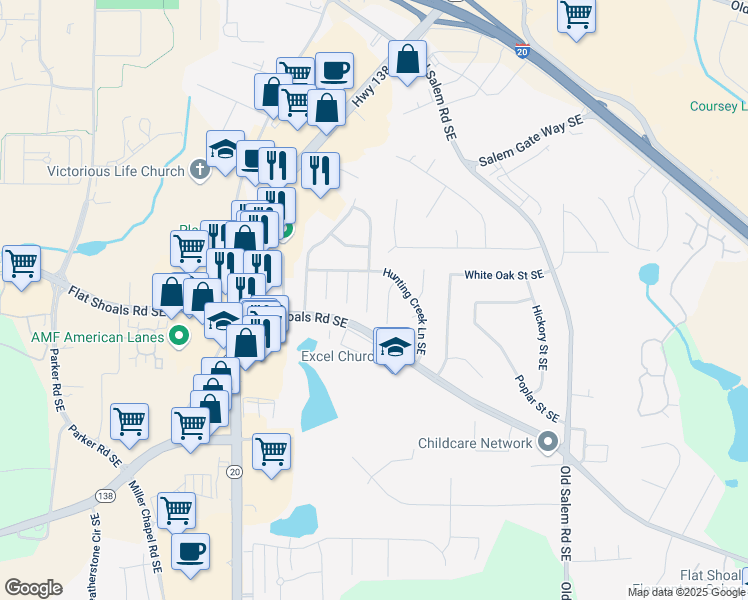 map of restaurants, bars, coffee shops, grocery stores, and more near 1745 Bob White Lane Southeast in Conyers