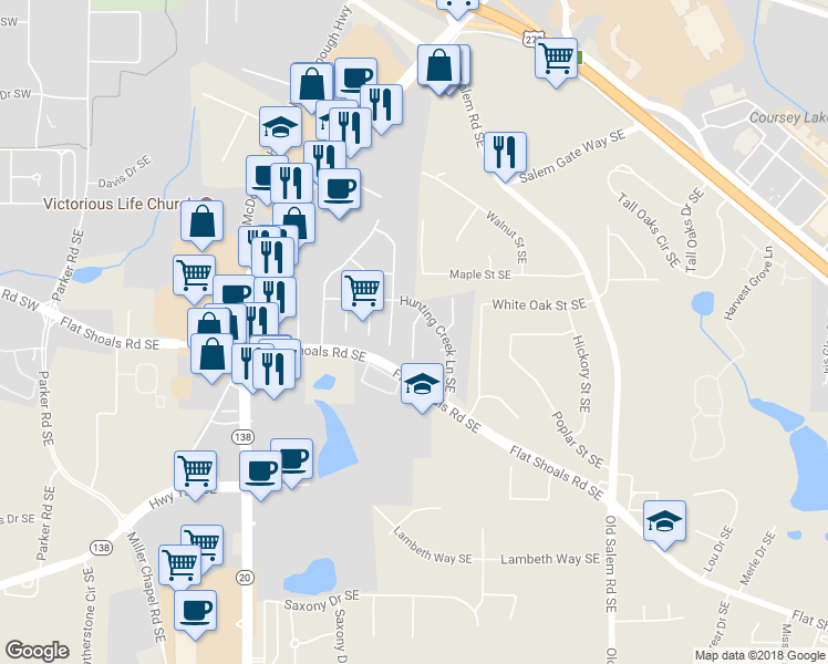 map of restaurants, bars, coffee shops, grocery stores, and more near 1773 Big Horn Court Southeast in Conyers