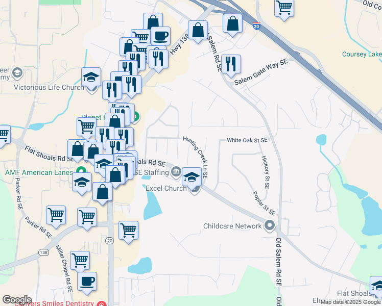 map of restaurants, bars, coffee shops, grocery stores, and more near 1755 Big Horn Court Southeast in Conyers