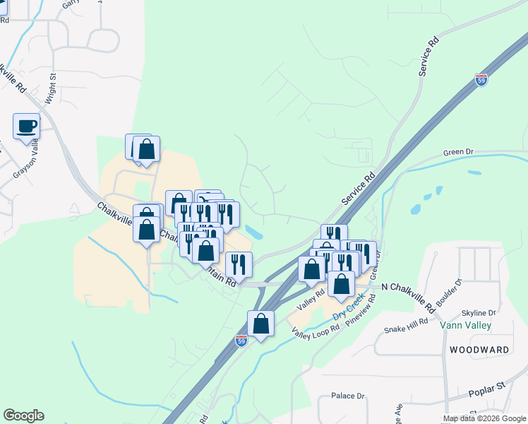 map of restaurants, bars, coffee shops, grocery stores, and more near 6391 Misty Ridge Drive in Birmingham