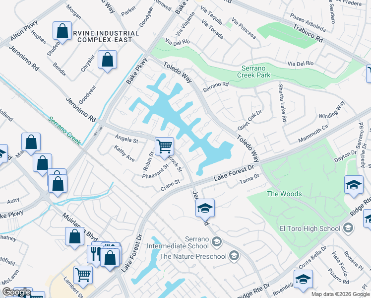 map of restaurants, bars, coffee shops, grocery stores, and more near 21992 Cayuga Lane in Lake Forest