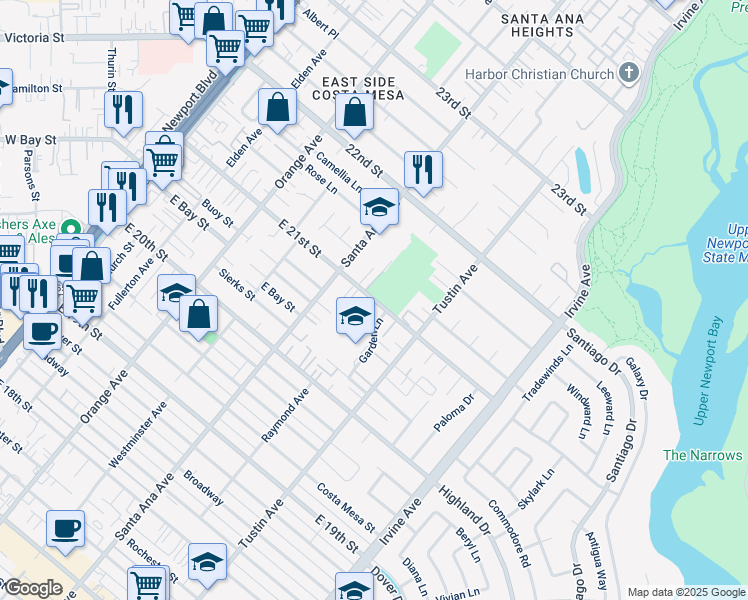 map of restaurants, bars, coffee shops, grocery stores, and more near 2100 Colina Vista Way in Costa Mesa