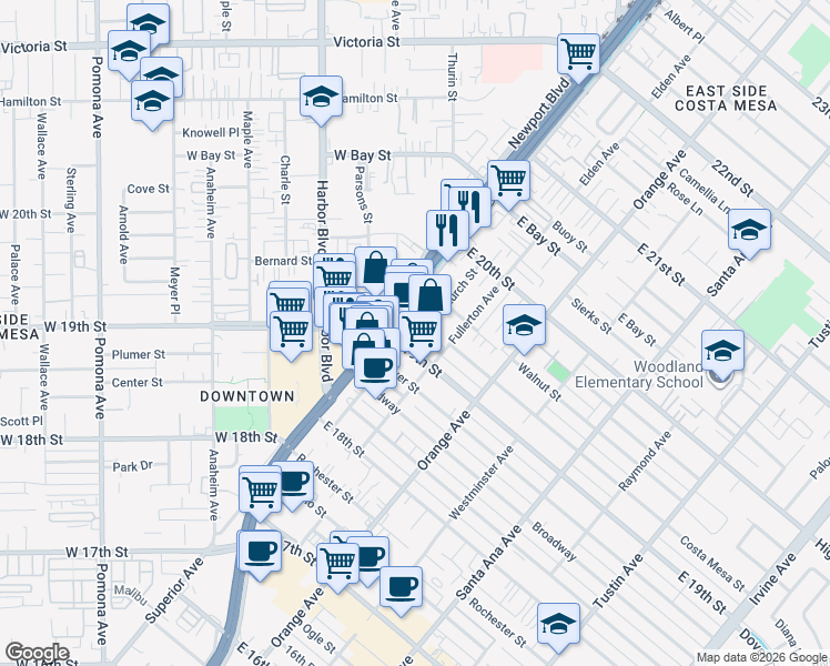 map of restaurants, bars, coffee shops, grocery stores, and more near 1927 Church Street in Costa Mesa