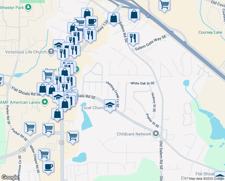 map of restaurants, bars, coffee shops, grocery stores, and more near 1762 Hunting Creek Lane Southeast in Conyers