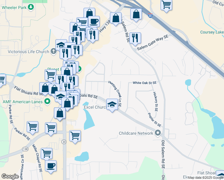 map of restaurants, bars, coffee shops, grocery stores, and more near 1767 Big Horn Court Southeast in Conyers