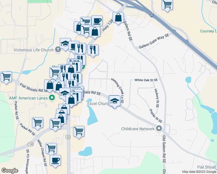 map of restaurants, bars, coffee shops, grocery stores, and more near 1740 Bob White Lane Southeast in Conyers