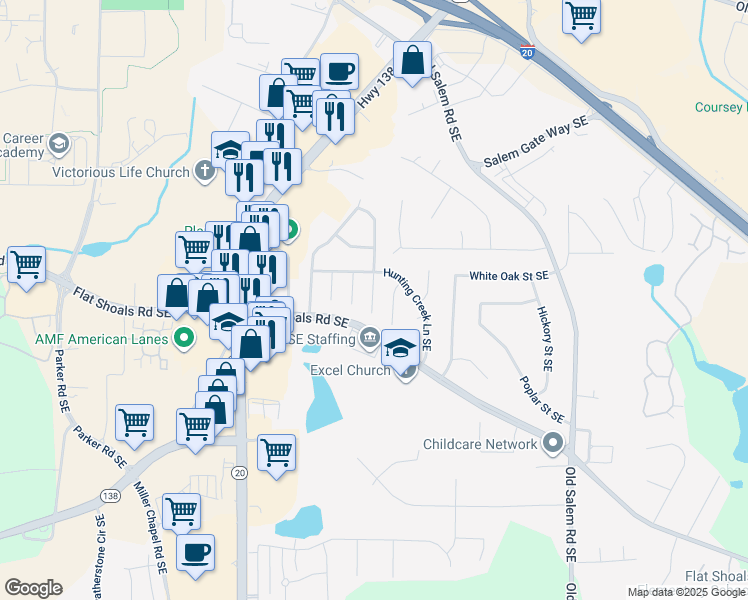 map of restaurants, bars, coffee shops, grocery stores, and more near 1740 Bob White Lane Southeast in Conyers