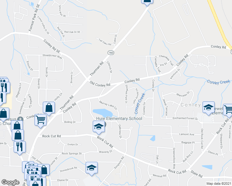 map of restaurants, bars, coffee shops, grocery stores, and more near 1365 Conley Road in Conley