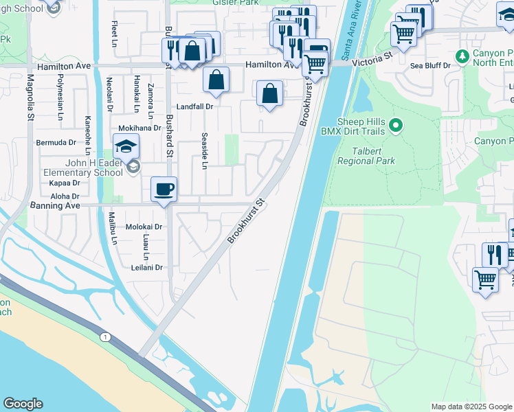 map of restaurants, bars, coffee shops, grocery stores, and more near Brookhurst Street & Banning Avenue in Huntington Beach