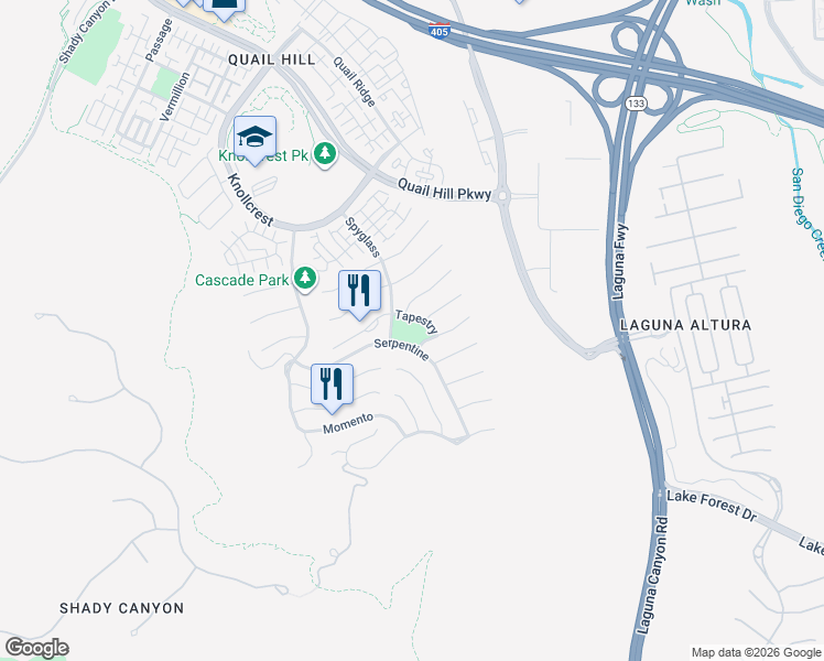 map of restaurants, bars, coffee shops, grocery stores, and more near 119 Tapestry in Irvine
