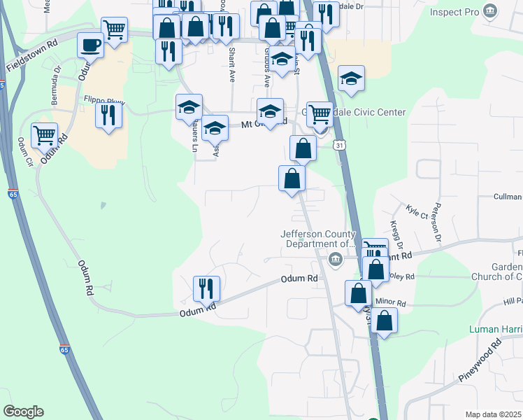 map of restaurants, bars, coffee shops, grocery stores, and more near 4257 Lockshire Lane in Gardendale