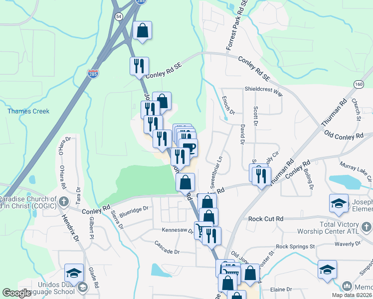 map of restaurants, bars, coffee shops, grocery stores, and more near 4150 Jonesboro Road in Forest Park