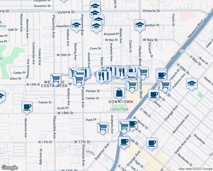 map of restaurants, bars, coffee shops, grocery stores, and more near 620 West 19th Street in Costa Mesa