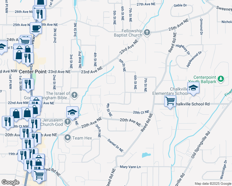 map of restaurants, bars, coffee shops, grocery stores, and more near 428 Woodland Court Northeast in Center Point