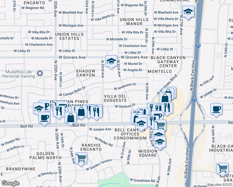 map of restaurants, bars, coffee shops, grocery stores, and more near 3133 West Anderson Drive in Phoenix