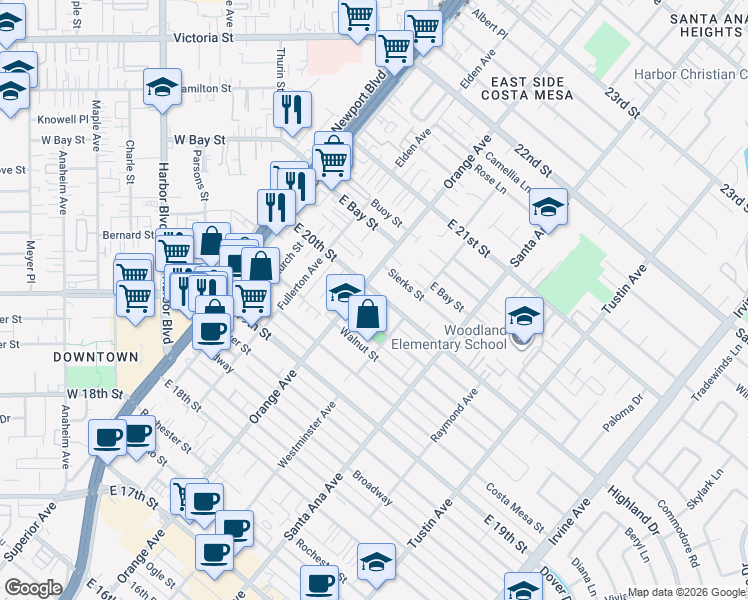 map of restaurants, bars, coffee shops, grocery stores, and more near 215 East 20th Street in Costa Mesa