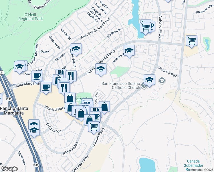 map of restaurants, bars, coffee shops, grocery stores, and more near 21931 Alma Aldea in Rancho Santa Margarita