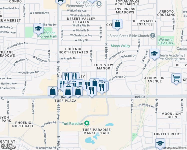map of restaurants, bars, coffee shops, grocery stores, and more near 17248 North 16th Avenue in Phoenix