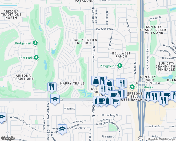 map of restaurants, bars, coffee shops, grocery stores, and more near 1083 North Buckthorn in Surprise
