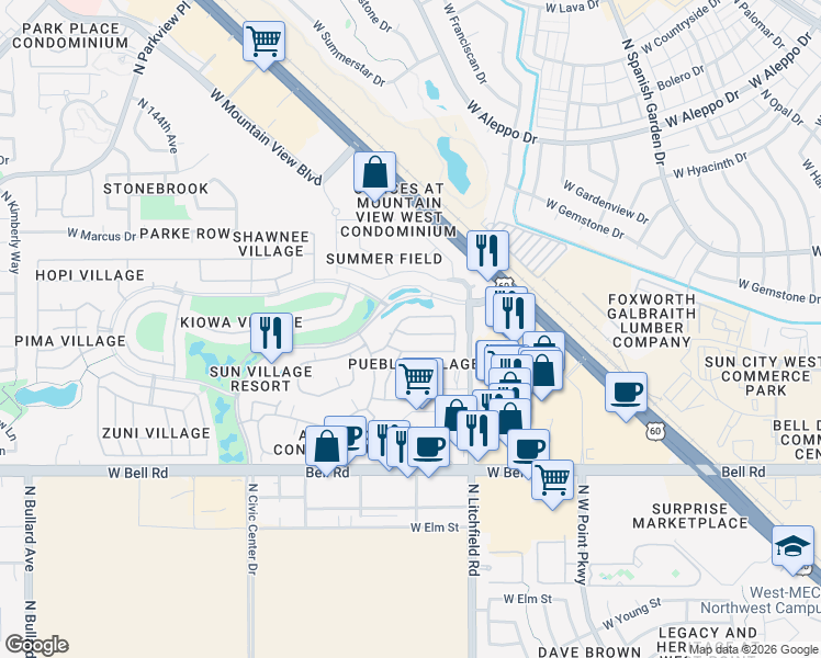 map of restaurants, bars, coffee shops, grocery stores, and more near 14021 West Pueblo Trail in Surprise