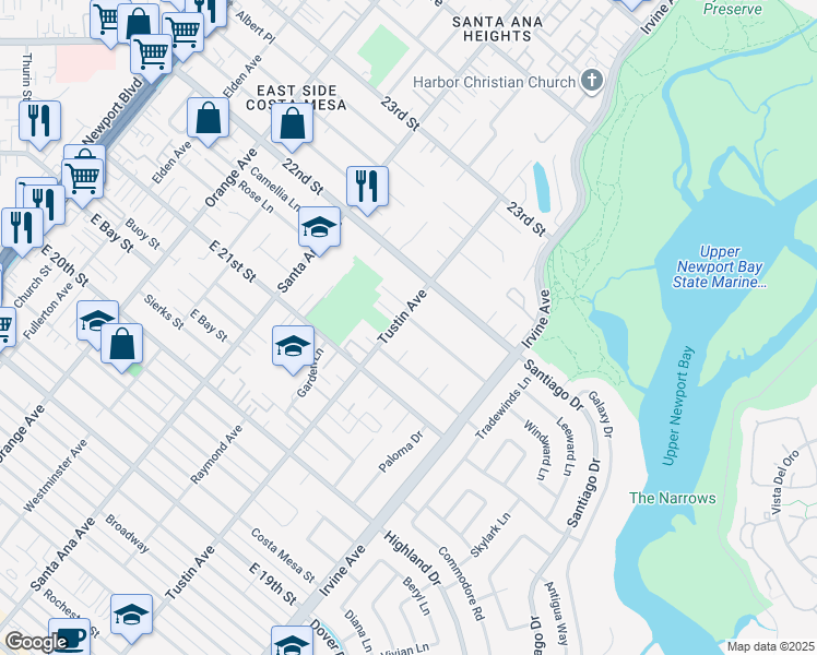 map of restaurants, bars, coffee shops, grocery stores, and more near 2443 Windward Lane in Newport Beach