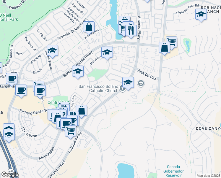map of restaurants, bars, coffee shops, grocery stores, and more near 15 Calle Albarda in Rancho Santa Margarita