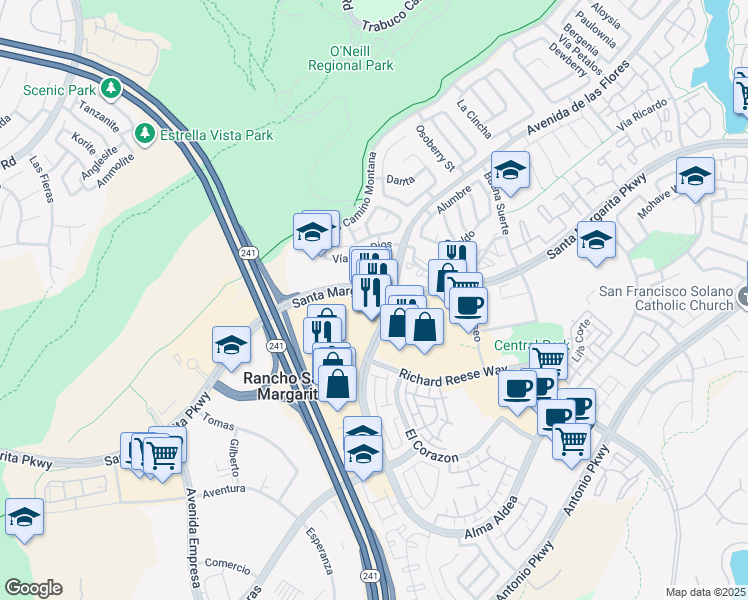map of restaurants, bars, coffee shops, grocery stores, and more near 30465 Avenida de Las Flores in Rancho Santa Margarita