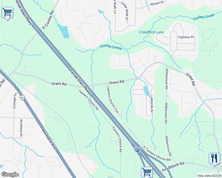 map of restaurants, bars, coffee shops, grocery stores, and more near 4072 East Tanners Church Road in Ellenwood