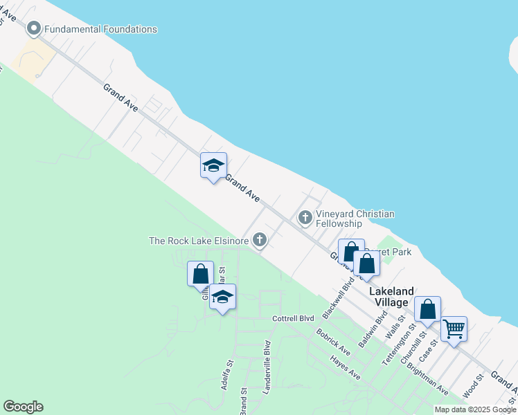 map of restaurants, bars, coffee shops, grocery stores, and more near Grand Avenue in Lake Elsinore