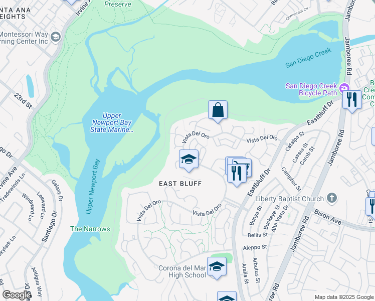 map of restaurants, bars, coffee shops, grocery stores, and more near 2632 Vista Del Oro in Newport Beach