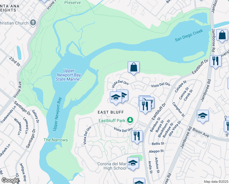map of restaurants, bars, coffee shops, grocery stores, and more near 2632 Vista Del Oro in Newport Beach