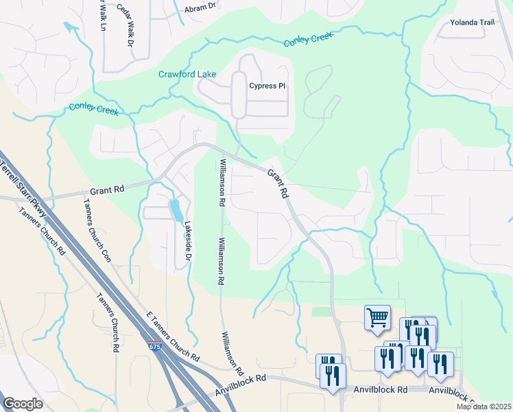 map of restaurants, bars, coffee shops, grocery stores, and more near 3906 Village Crossing Lane in Ellenwood